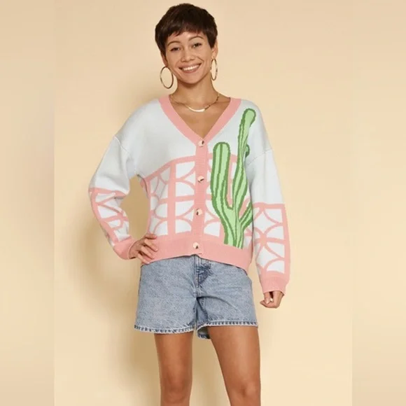 New Miss sparkling blue cactus cardigan sweater sz S - Picture 1 of 5